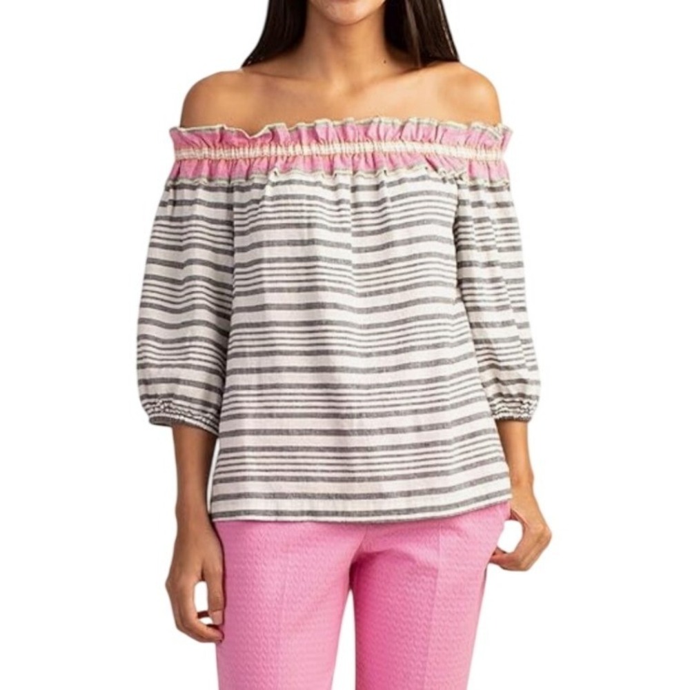 Trina Turk Off Shoulder Striped Linen Blouse Womens XLPineapple Top Grey Pink - Picture 1 of 8